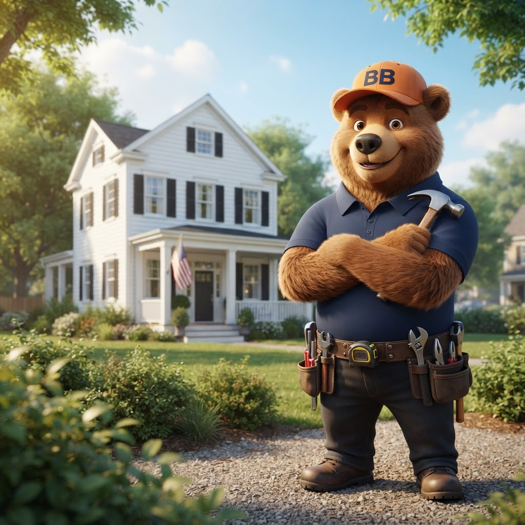 Brown Bear Home Services mascot standing in front of a suburban home